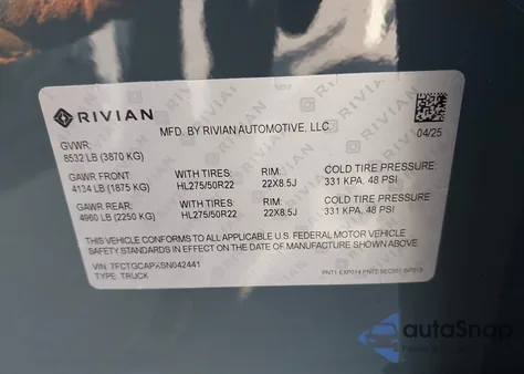 2025 Rivian R1T Ascend Tri Motor Max Pack/Premium Tri Motor Max Pack из США, поврежденный, VIN 7FCTGCAPXSN042441